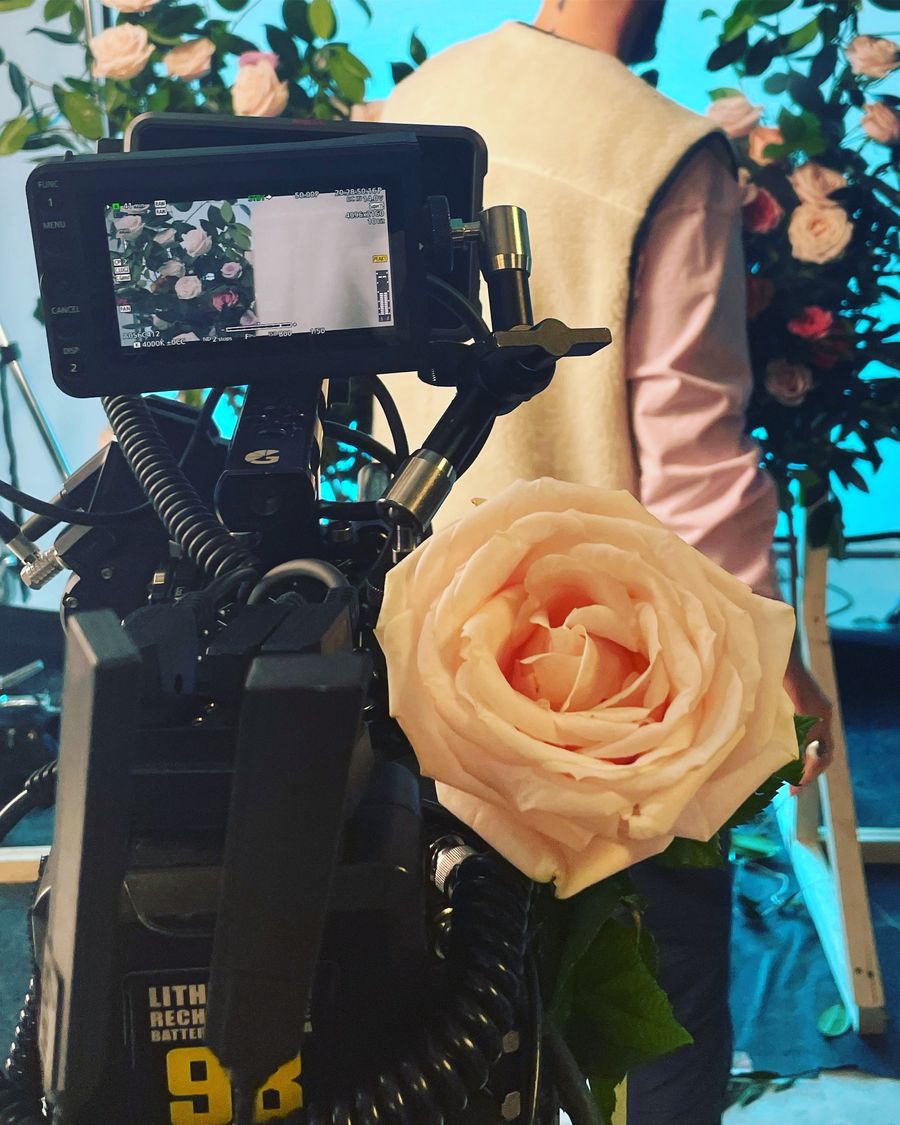 Behind the scenes shot of a rose on a camera